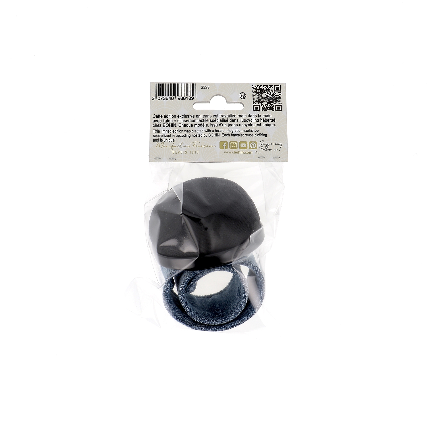 Black pincushion & denim upcycled slap bracelet