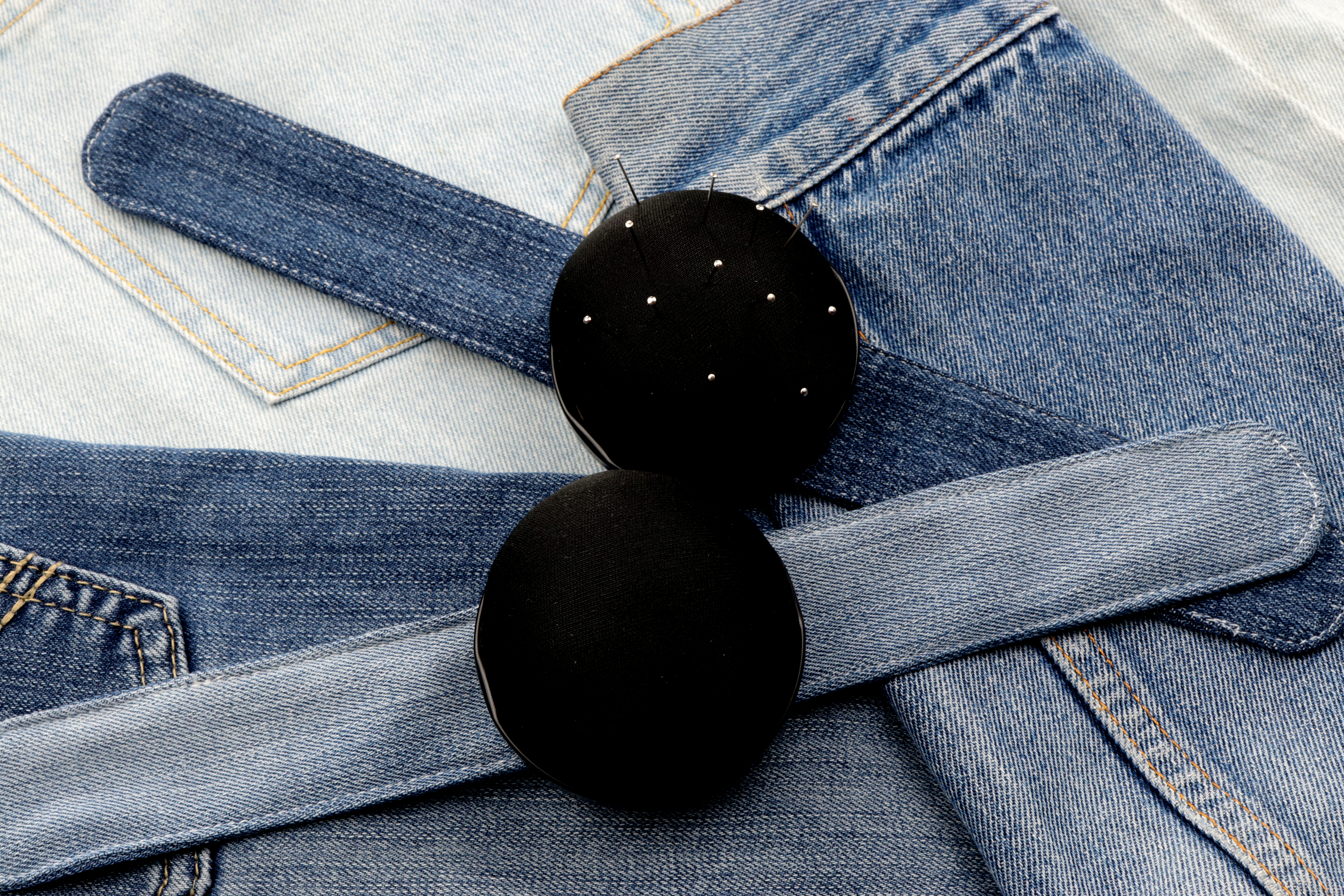 Black pincushion & denim upcycled slap bracelet