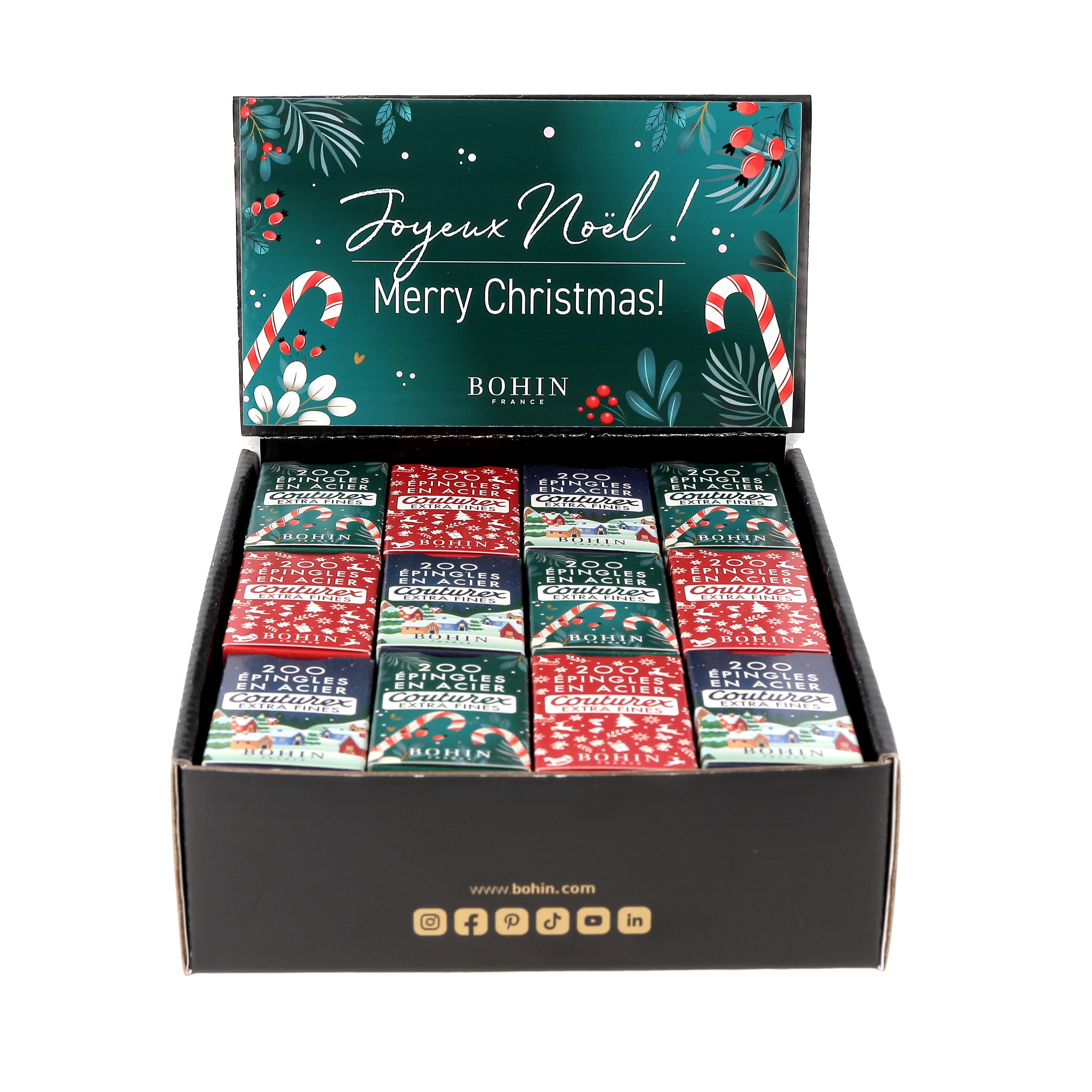 Extra-fine Couturex pins – 200 pces EC4 N°4 = 30 mm - ø 0,60 mm - Christmas- Disp.x36