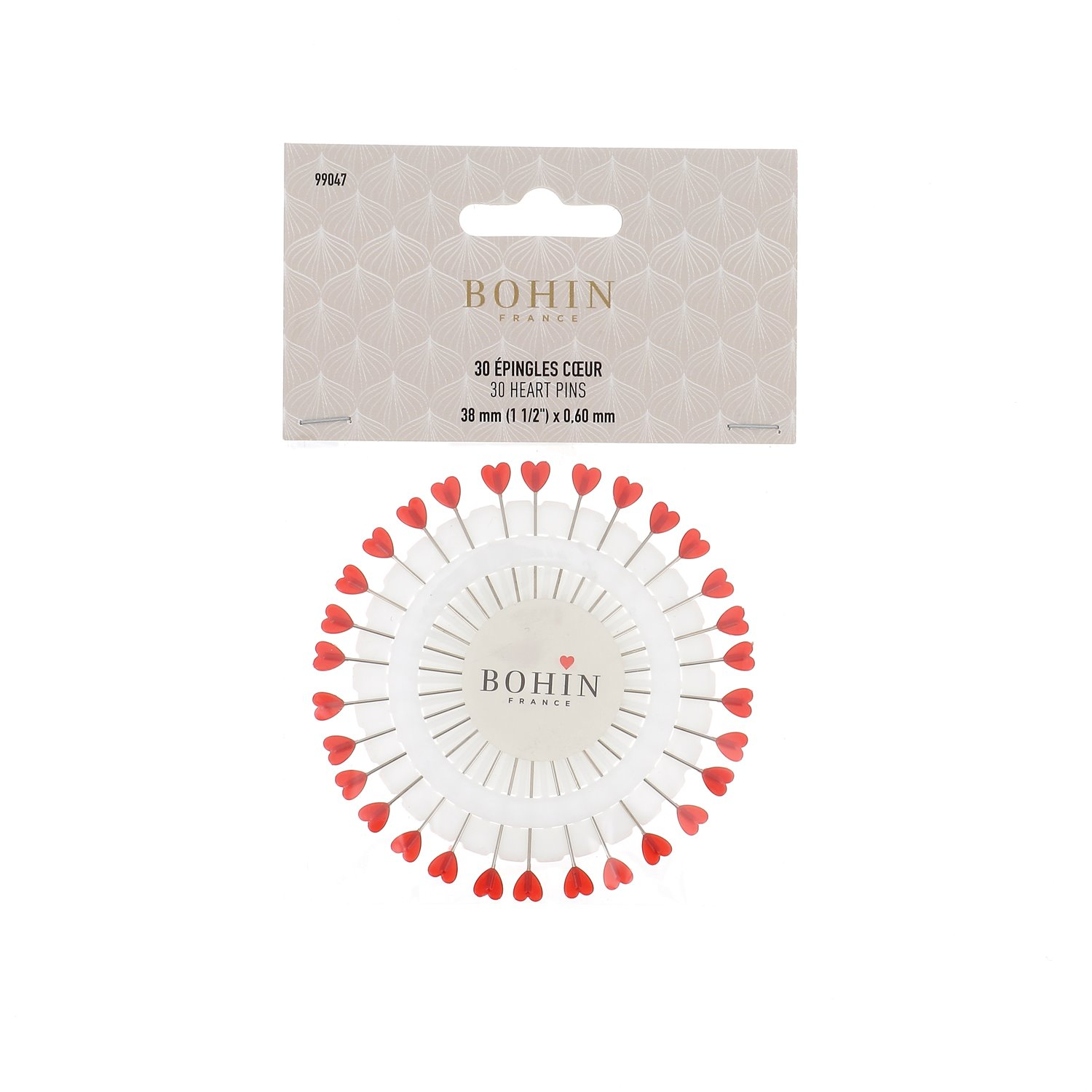 Plastic head pins - Red heart - 38 x 0,60 mm. - Wheel of 30 heart pins