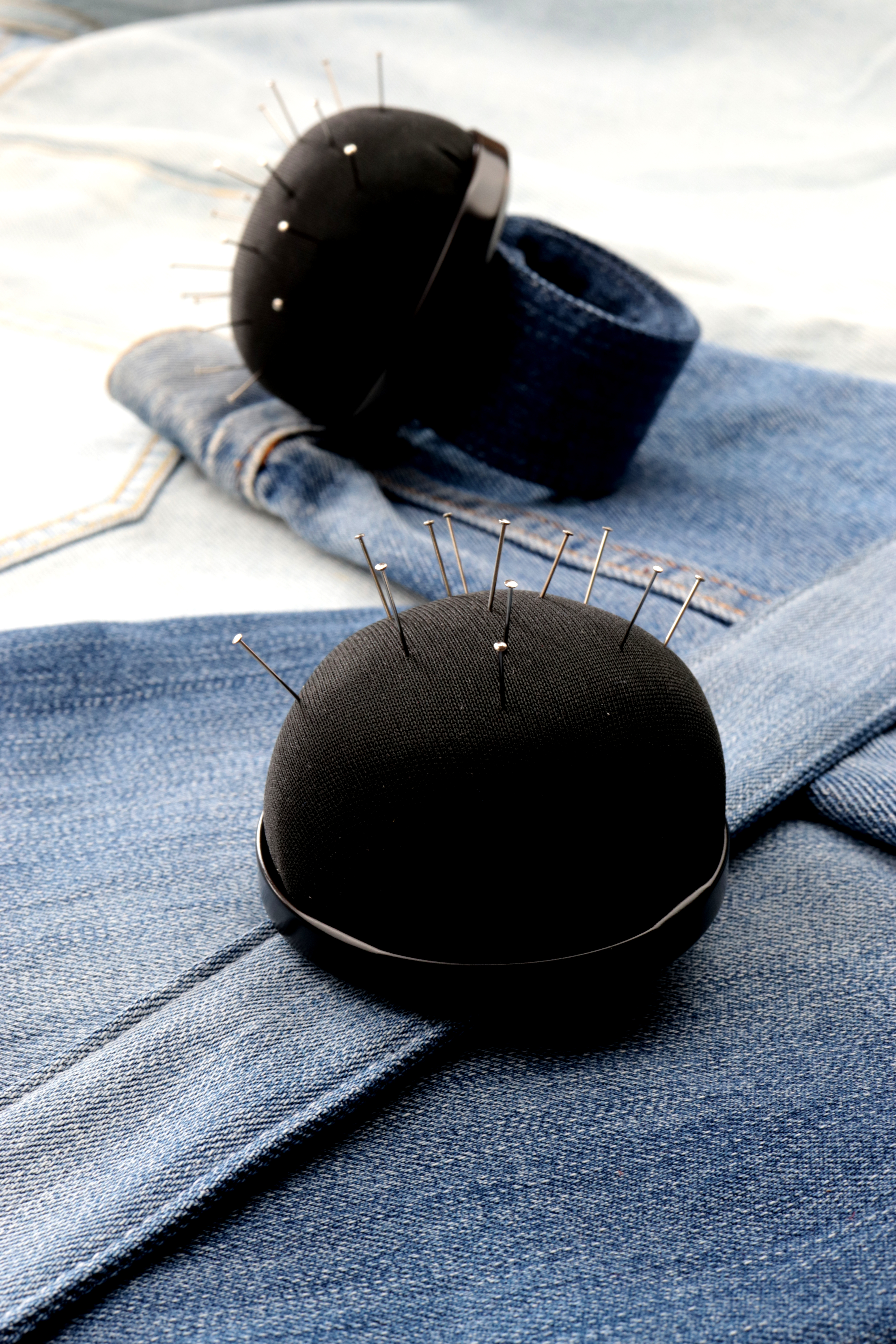 Black pincushion & denim upcycled slap bracelet