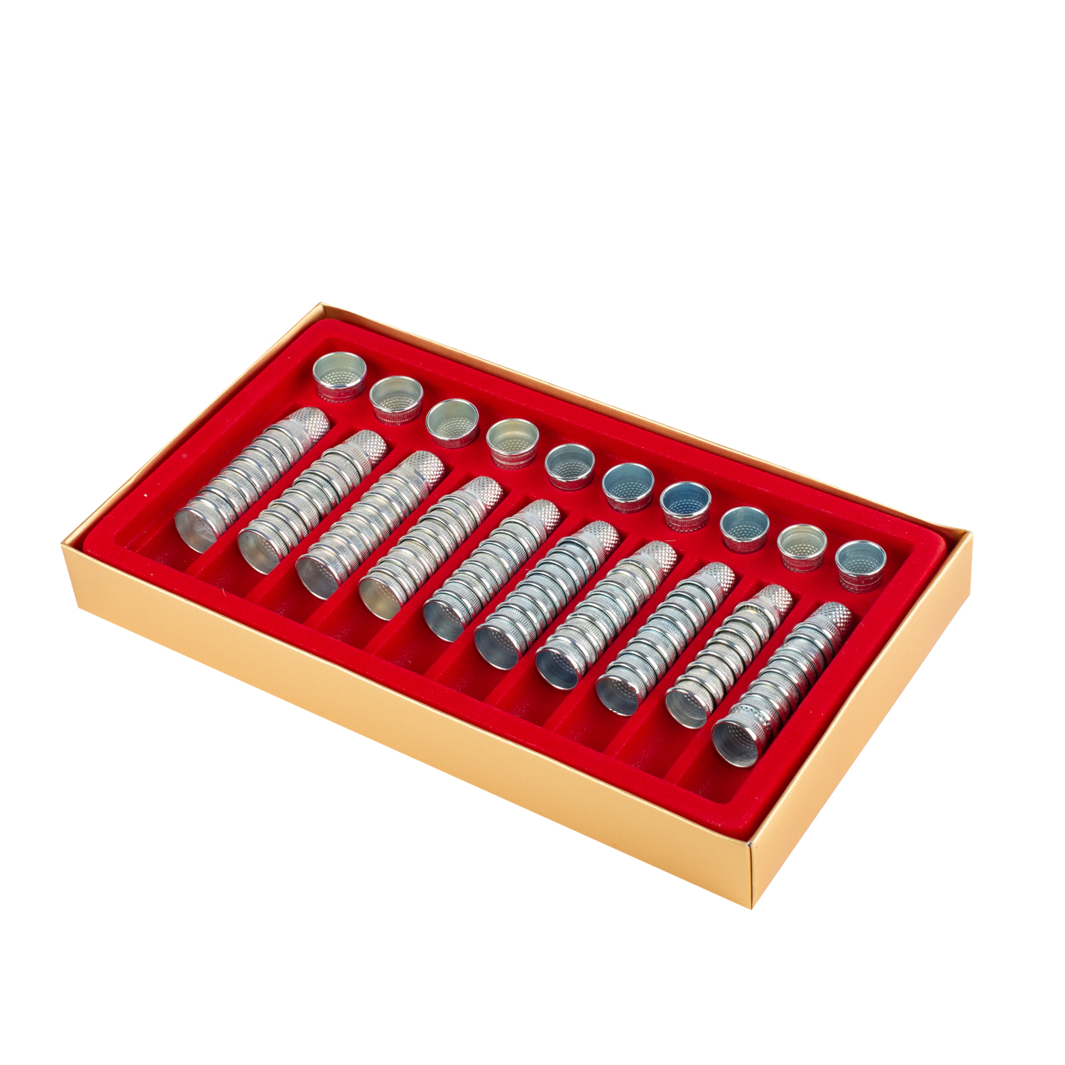 Thimble assortment in suede tray