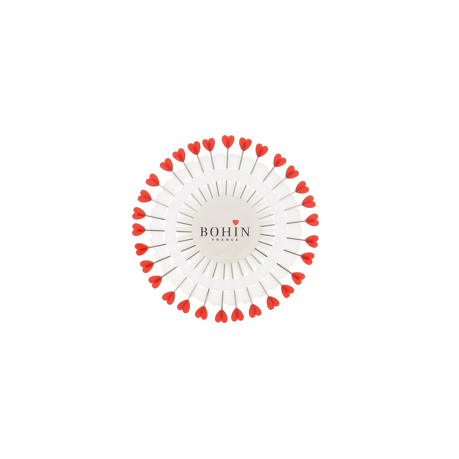 Plastic head pins - Red heart - 38 x 0,60 mm. - Wheel of 30 heart pins