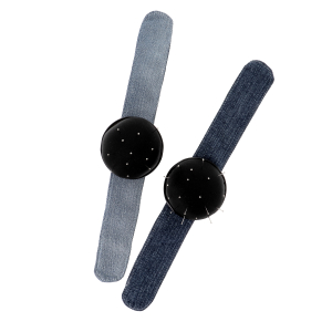 Black pincushion & denim upcycled slap bracelet