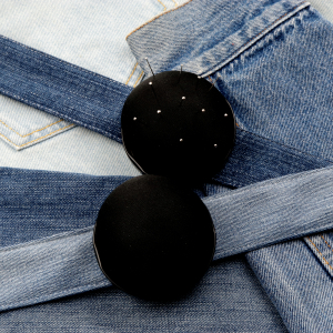 Black pincushion & denim upcycled slap bracelet