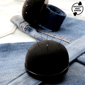 Black pincushion & denim upcycled slap bracelet