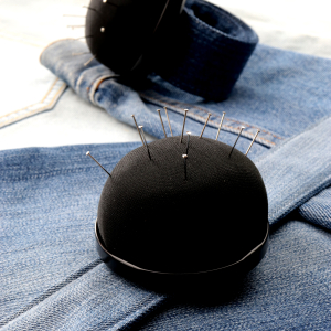 Black pincushion & denim upcycled slap bracelet