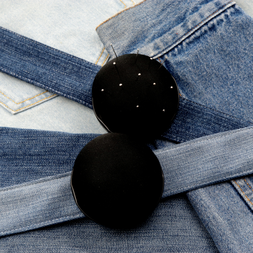 Black pincushion & denim upcycled slap bracelet